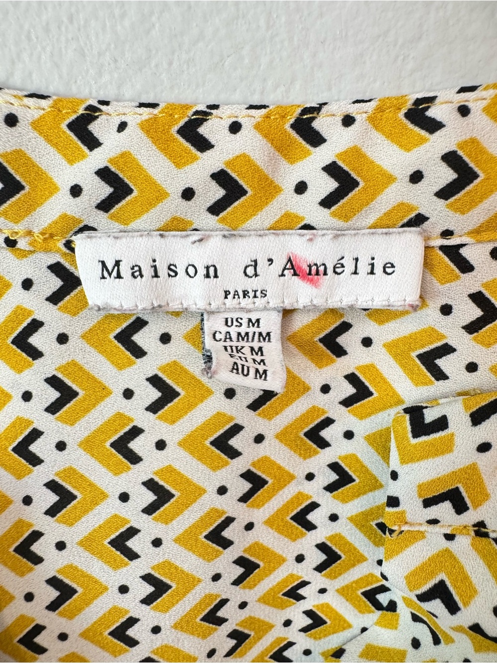 Anthropologie Maison D' Amelie Yellow Geometric Cap-Sleeve Blouse Sz M - Picture 3 of 6